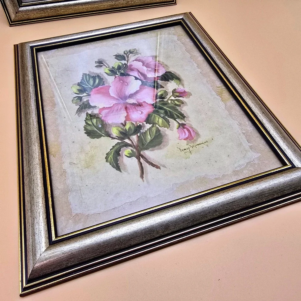 Nancy Wiseman Signed Floral Painting Pair Pink Hibiscus Peony Framed Art Set 2